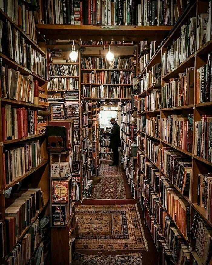 Biblioteca accogliente e grandiosa con alti scaffali in legno pieni di libri e una persona che sfoglia i libri in un'ambientazione magica.
