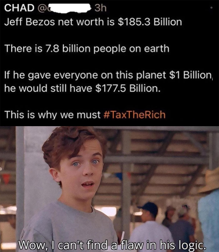 Meme account explaining a wealth meme about Jeff Bezos, taxes, and economic logic with a surprised young boy reaction.